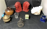 (9 Pcs) Decor Items - Bookends, Vases, Shell,