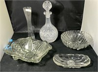 (5 pcs) Glassware- Bowls, Decanter, Vase