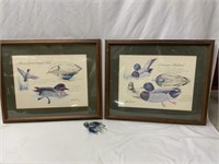2 FRAMED DUCK PRINTS  AND A GLASS TURTLE