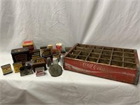 COCA COLA CRATE WITH SPICE TINS AND MORE
