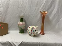 CARNIVAL GLASS VASE AND BANK