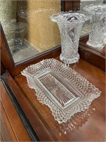FOOTED CRYSTAL ETCHED VASE & SERVING TRAY