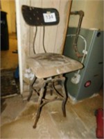 Industrial metal & wooden shop stool w/ back