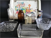 Misc Lot of Glass, Jars, and Tray