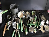 A &J Lot of Vintage Green Handle Kitchen Items