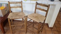 Pair Wood Wicker Seat Counter Chairs