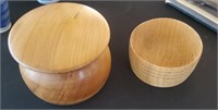 2pc Wood Decor; Covered Round Box, Cup