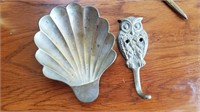 2pc Brass Decor; Shell Trinket Dish, Owl Hook