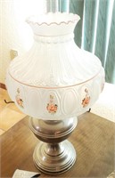 Oil Lamp, White Lamp Shade W/ Floral Design