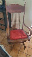 Antique Wood Rocking/ Glide Chair W/ Red Cushion