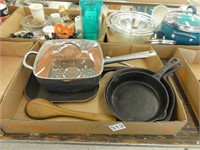 Copper Chef pan, 2 cast iron pans, spoon