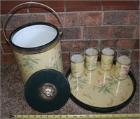 Vintage lidded ice bucket + tray & 4 glasses set