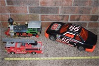 (3) vintage vehicle toys train, NASCAR plastic car