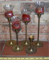 (5) vintage brass candle holders (4 w/ glass )