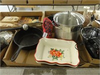 stock pot, cast iron pans, broken serving dishes