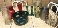 household lot: vases, centerpeice, candle sticks
