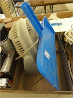 small tabletop fan, dustpan