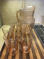 Pink depression pitcher/5 glasses