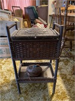 Wicker sewing basket stand with contents