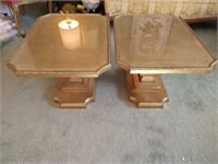 Pr gold leaf side tables with glass top