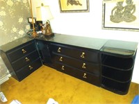 5pc black dresser, shelf, table set w/glass tops