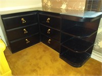 4pc black dresser, shelf, table set w/glass tops