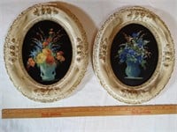 Pr Painted Glass Flowers in Oval plaster frames