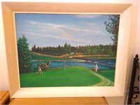 framed oil golf scene signed F.F Moon