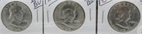 (3) Franklin Silver Half Dollars. Dates: 1954 UNC
