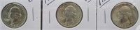 (3) UNC Washington Silver Quarters. Dates: 1950,