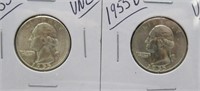(2) UNC Washington Silver Quarters. Dates: 1955,