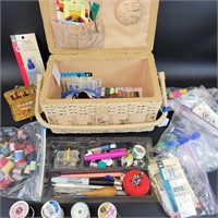 Vintage Sewing Basket Filled with Sewing Items