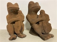 Pair of Cast Metal Frog Musician Statues