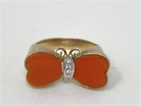 14K Gold, Diamond & Coral Butterfly Ring