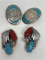 2 Pair Sterling, Turquoise & Coral Earrings