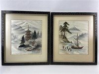 (2) Japanese Embroidered Silk Landscape Panels