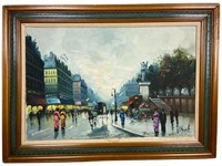 Parisian Street Scene Signed Oil Painting