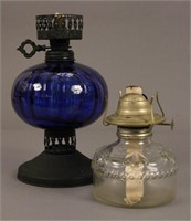 2 Vintage Oil Lamps - Cobalt Blue & Clear Glass