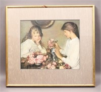 Two Girls Arranging Flowers Print - Sir G. Clausen