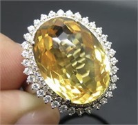 20.67 Cts Citrine Diamond Halo Ring 14 Kt