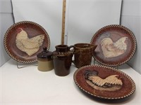 (3) Brown Stoneware & (3) Chicken Plates