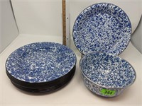 Blue Spackle Enamel Ware-Pie Plate, Plates & Bowl