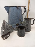 Blue/Gray EnamelWare Pitcher, Funnel & Pitchers