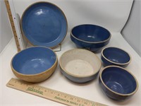 (5) Blue Stoneware & (1) Stoneware Shallow Dish