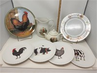 (6) Plates, Chicken Pitcher & Teapot