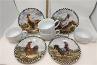 (4) Decorative Chicken Plates & (4) Cups