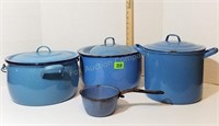 (3) Blue Enamelware Pots w/Lids & Ladle