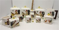 Hand Painted Hen & Rooster Canisters, Pitcher,