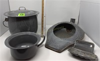 Gray Enamel Ware-Covered Pot, Bedpan, Soap Dish,