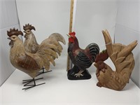 (2) Folk Art Hand Carved Chickens + (2) Chickens